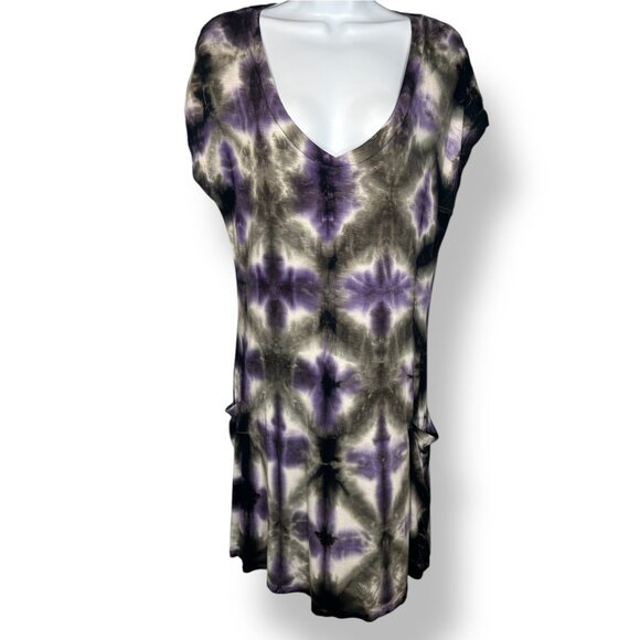 Lucky Brand Tie Dye Swimsuit Cover Up Dress Purple & Gray V-Neck Cap Sleeve Beac - Picture 1 of 6